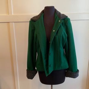 Bernie Dexter wool coat in green with faux fur 1x